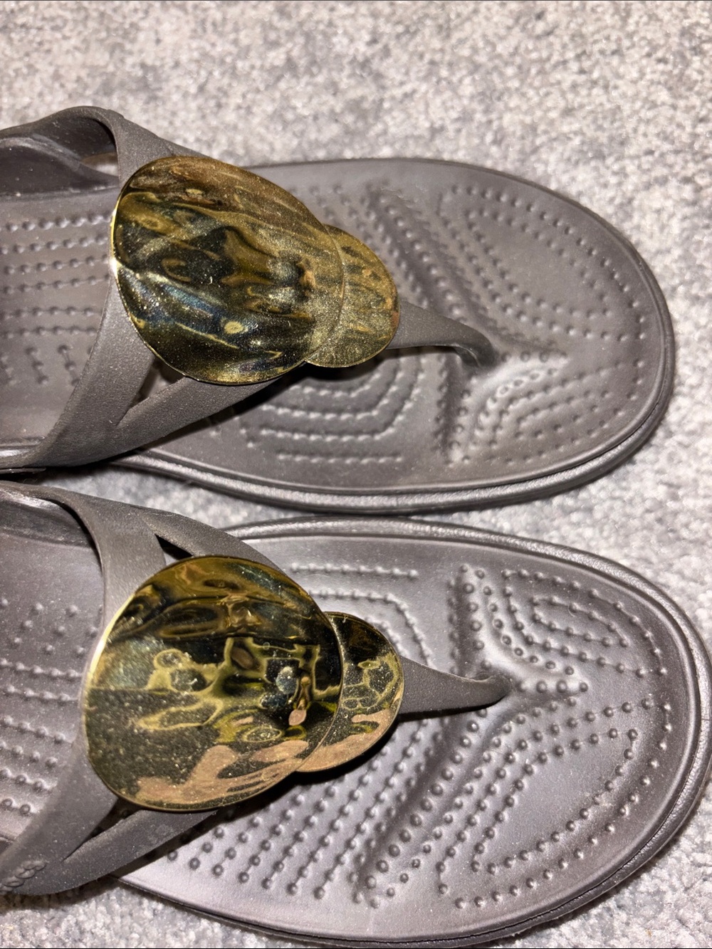 CROCS Brown Flip Sandals with Gold Medallion - Picture 2 of 8